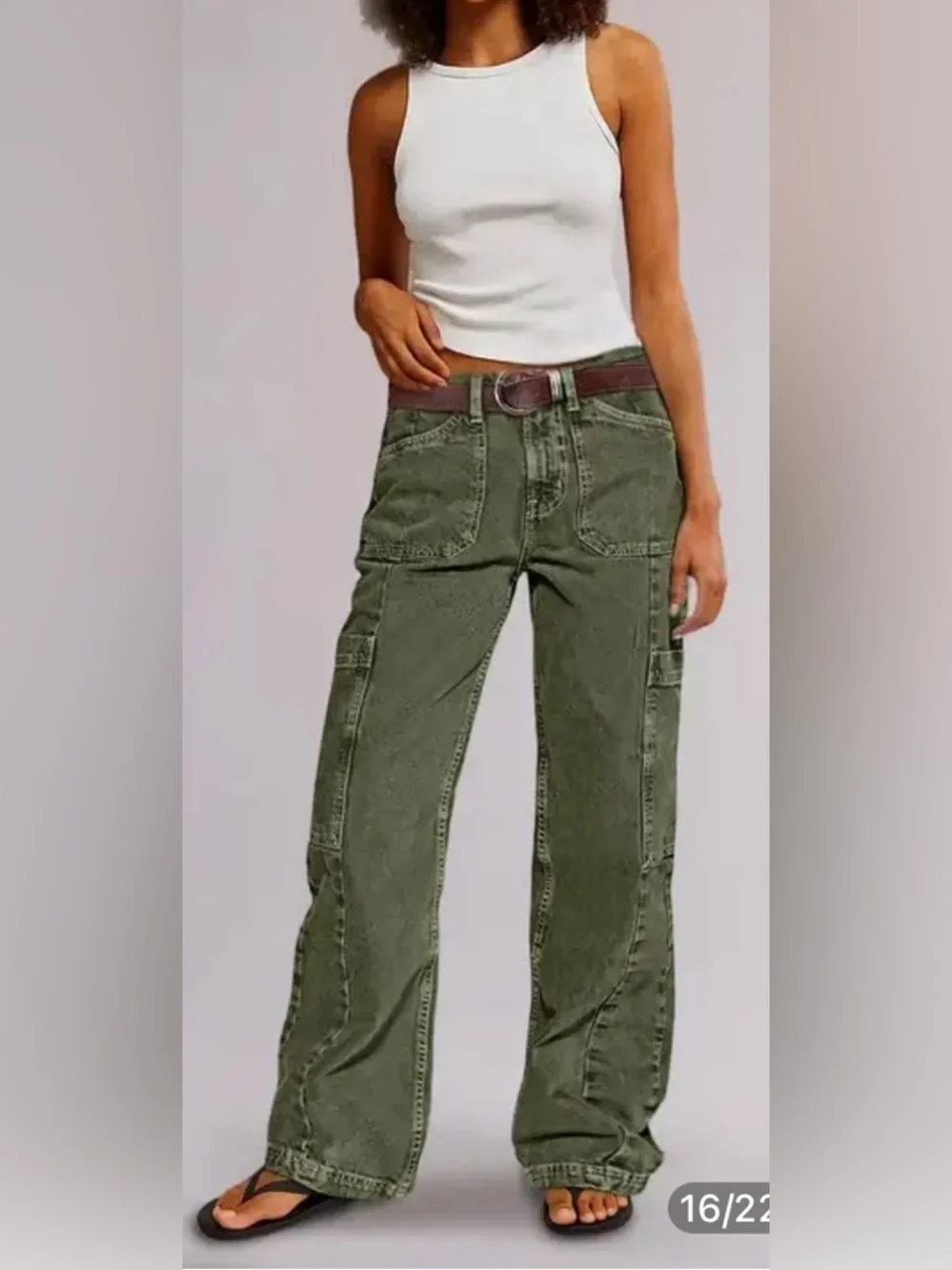 Flamingals Army Green Mid Rise Straight Leg Cargo Jeans